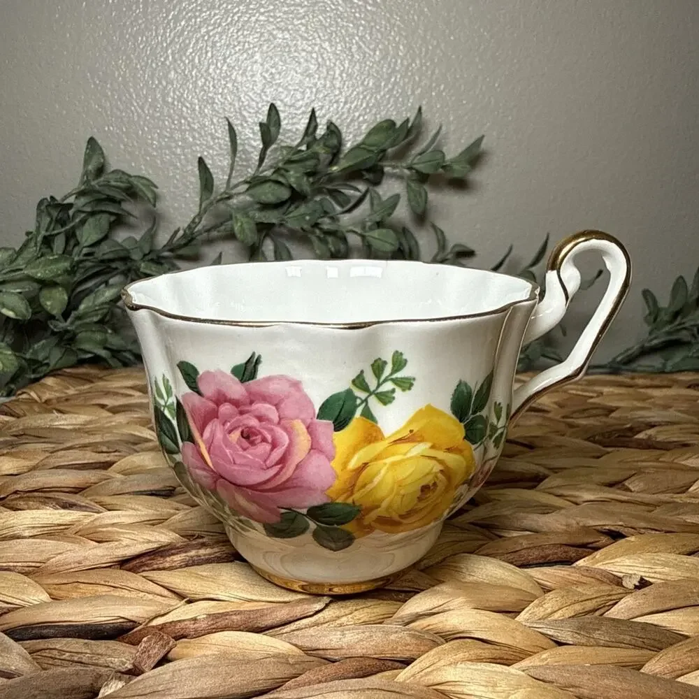 Crown Prince Bone China England Tea Cup Pink Yellow Roses Gold Trim Vintage READ